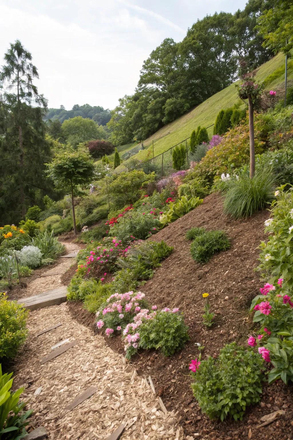 Mulch is an effective way to conserve moisture and control weeds on a hillside.