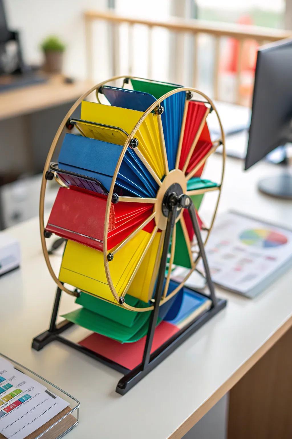 A rotating file carousel adds functionality and flair to any office.