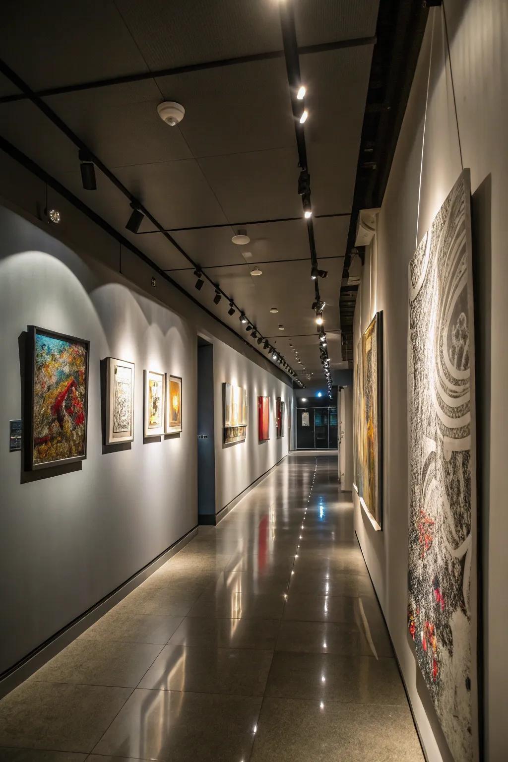 Accent lighting transforms hallways into galleries.