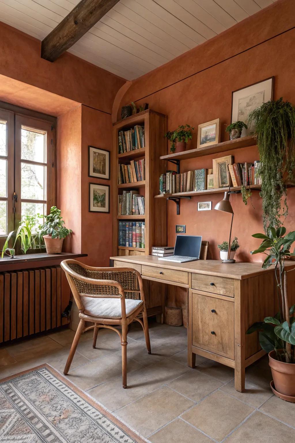 Terracotta walls add warmth and rustic charm to this home office.