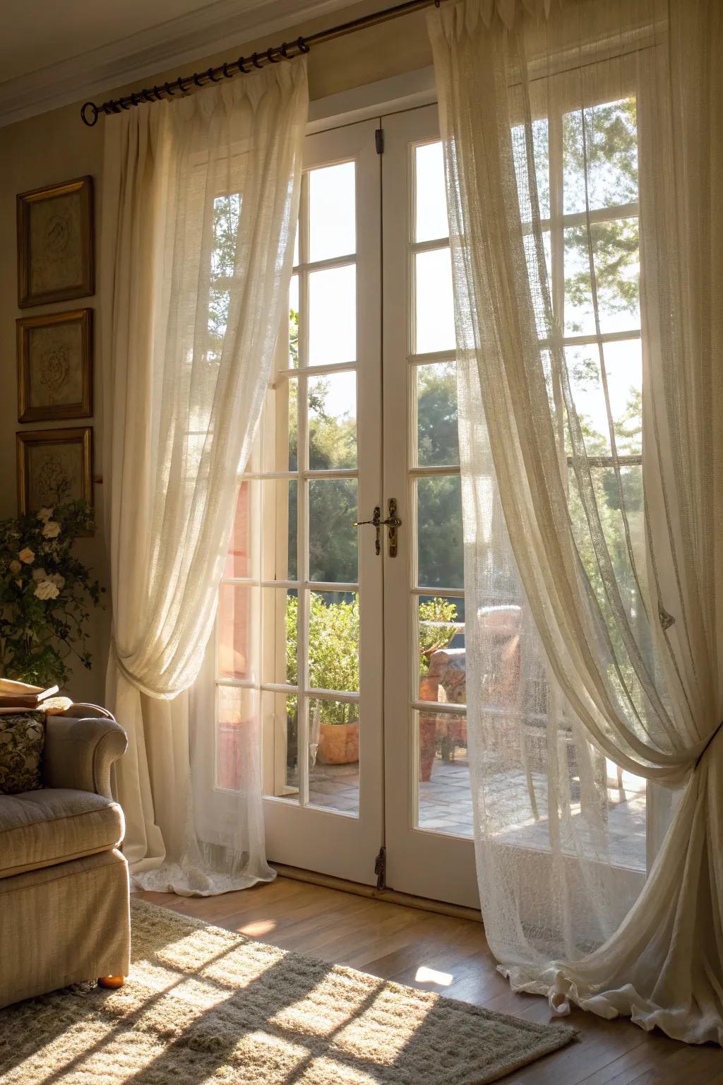 Sheers provide a soft, light-diffusing option for French doors.