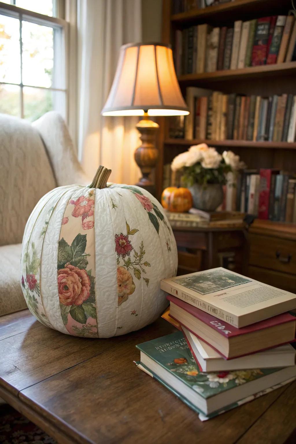 A decoupage pumpkin that adds artistic flair to any space.