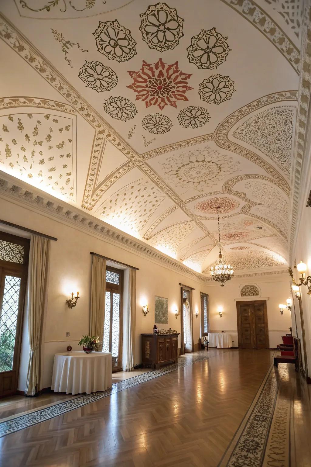 An elegant room showcasing intricately stenciled designs on the ceiling.