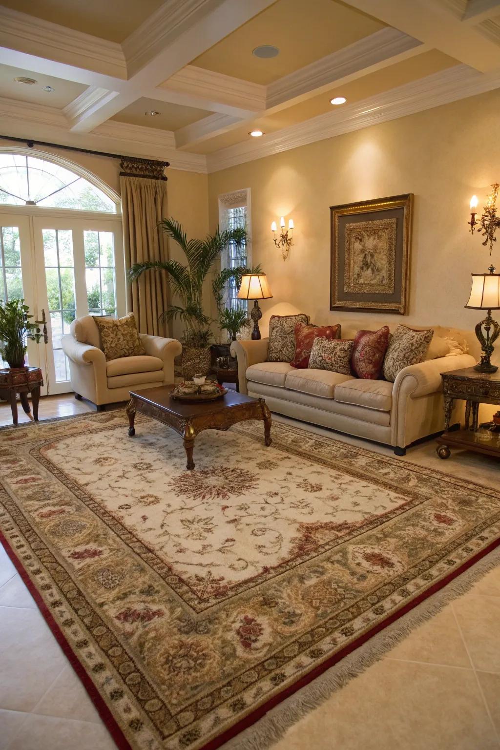 An area rug elegantly defining the living room's seating space.