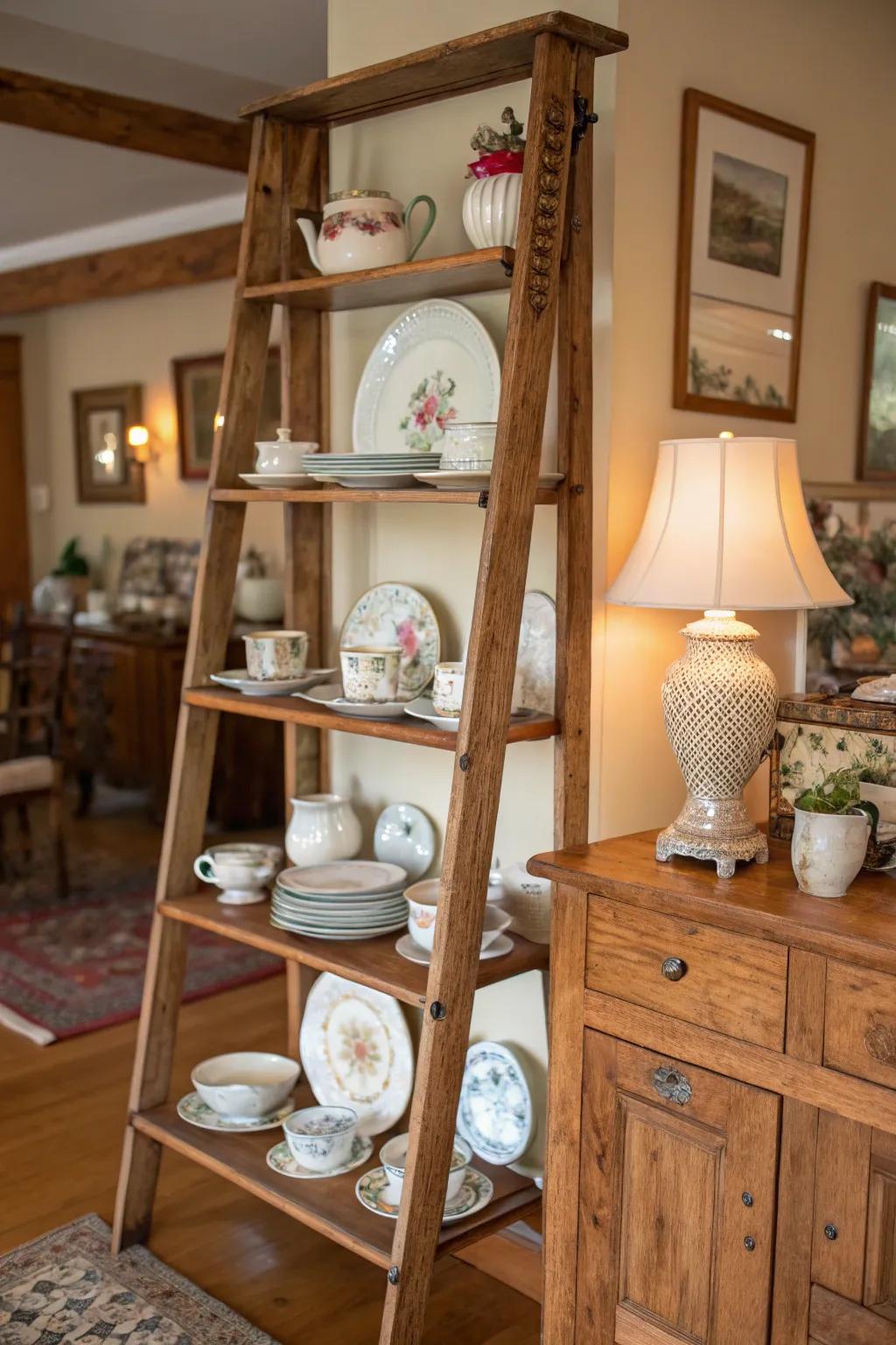 A rustic ladder shelf showcasing a charming collection of china.