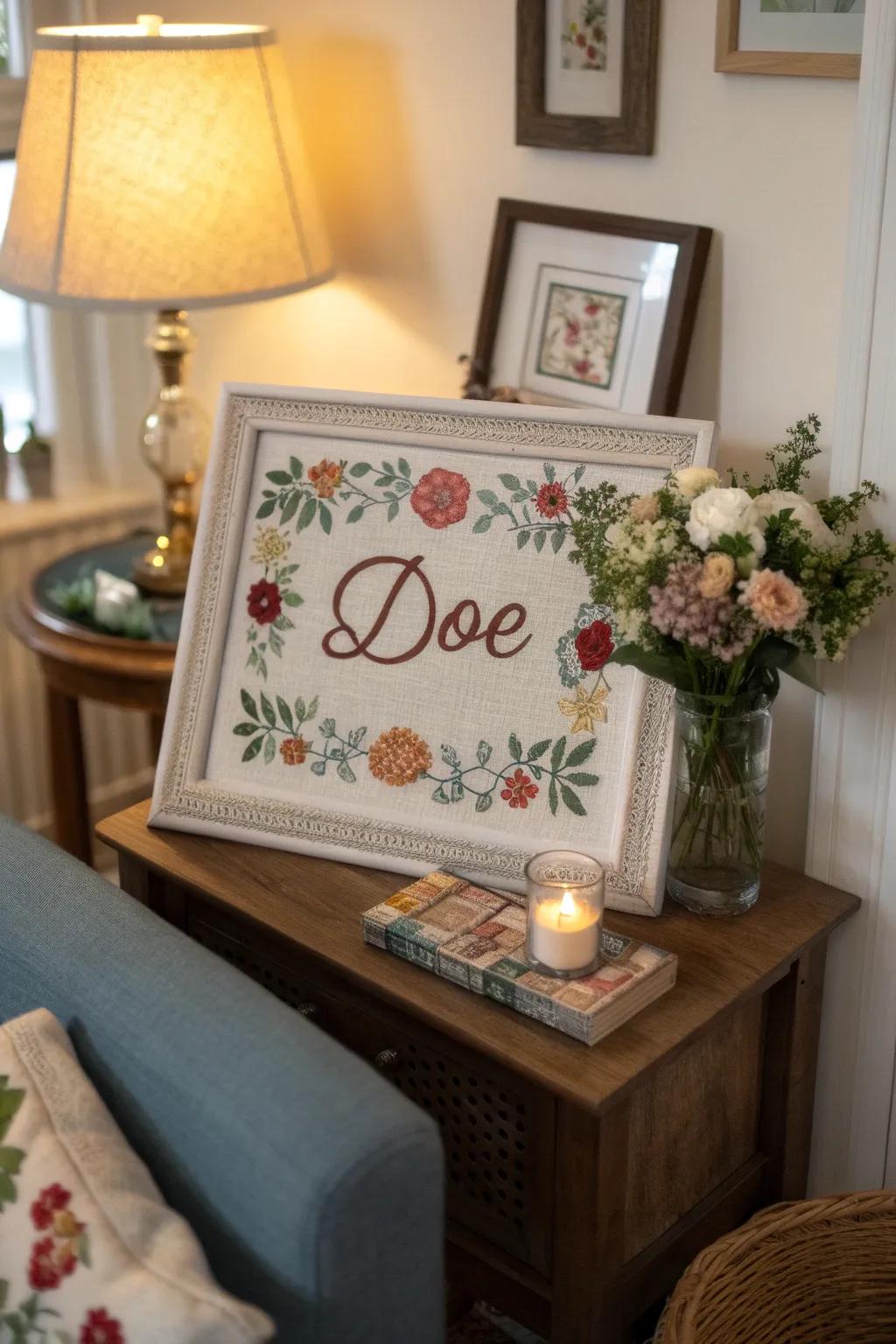 Personalized cross stitch pieces make meaningful decor