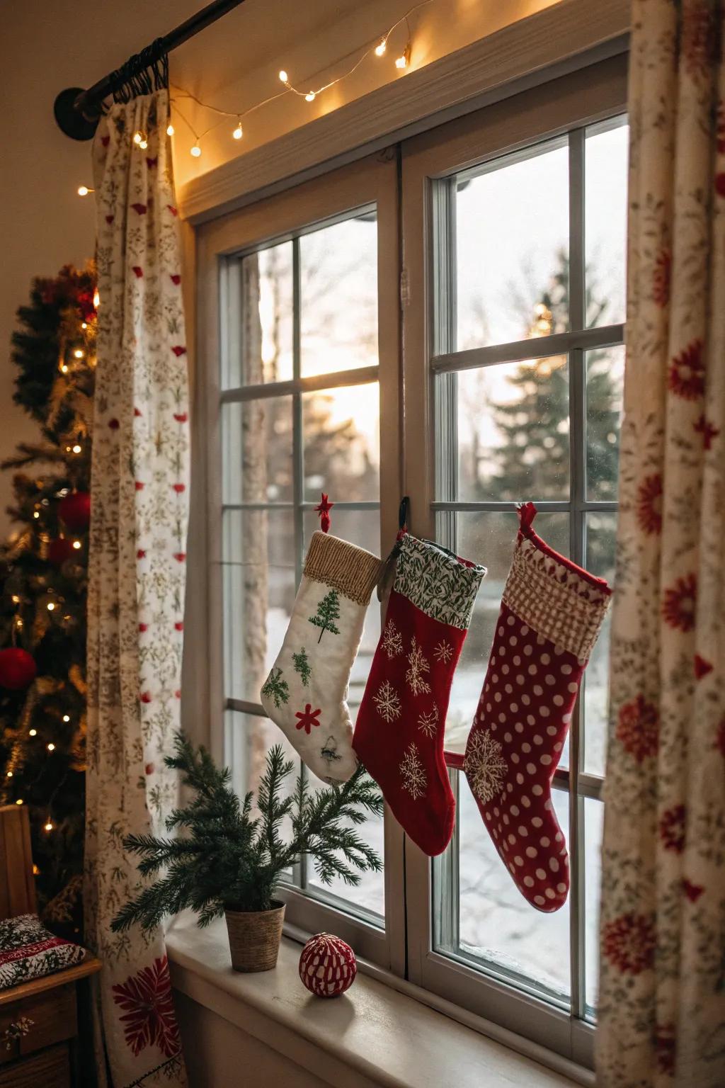 Window frames offer a unique and charming spot for stockings.