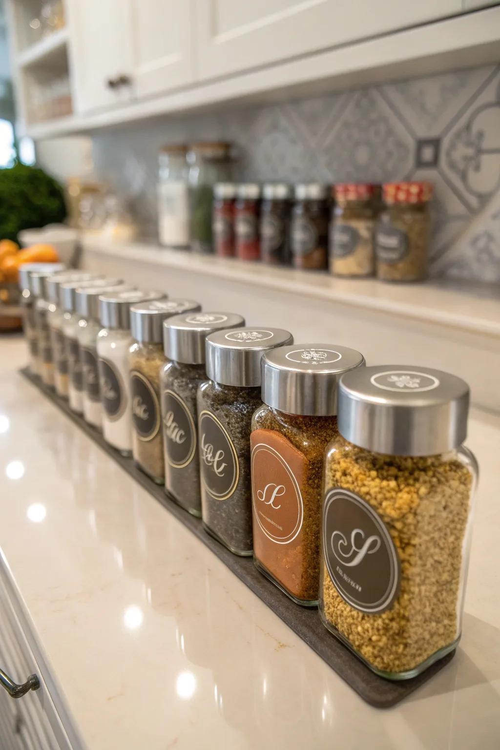 Custom labels add a stylish personal touch to spice organization.