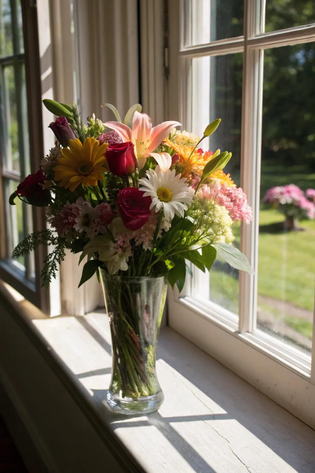 A flared vase creating a dynamic floral display.