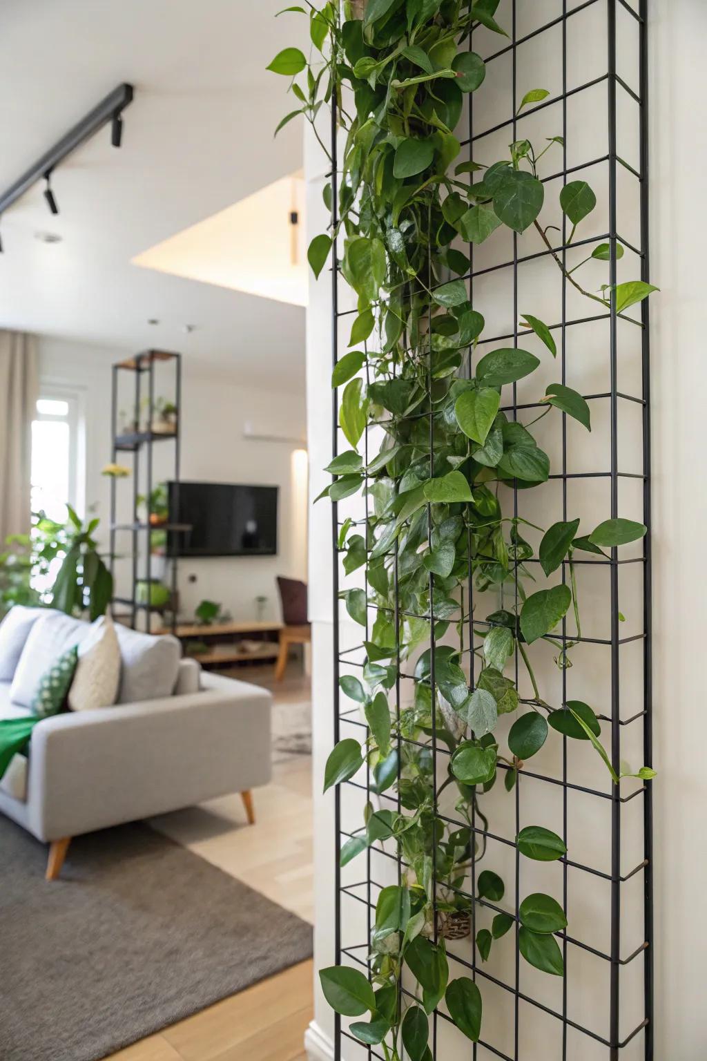 A compact living area with a Hoya plant on a vertical garden grid.