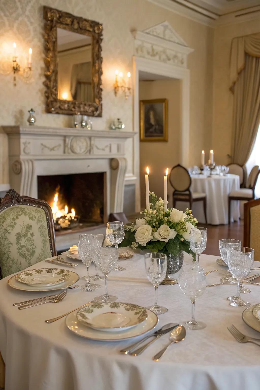 An elegant dining room with a fireplace, creating a warm atmosphere for meals.