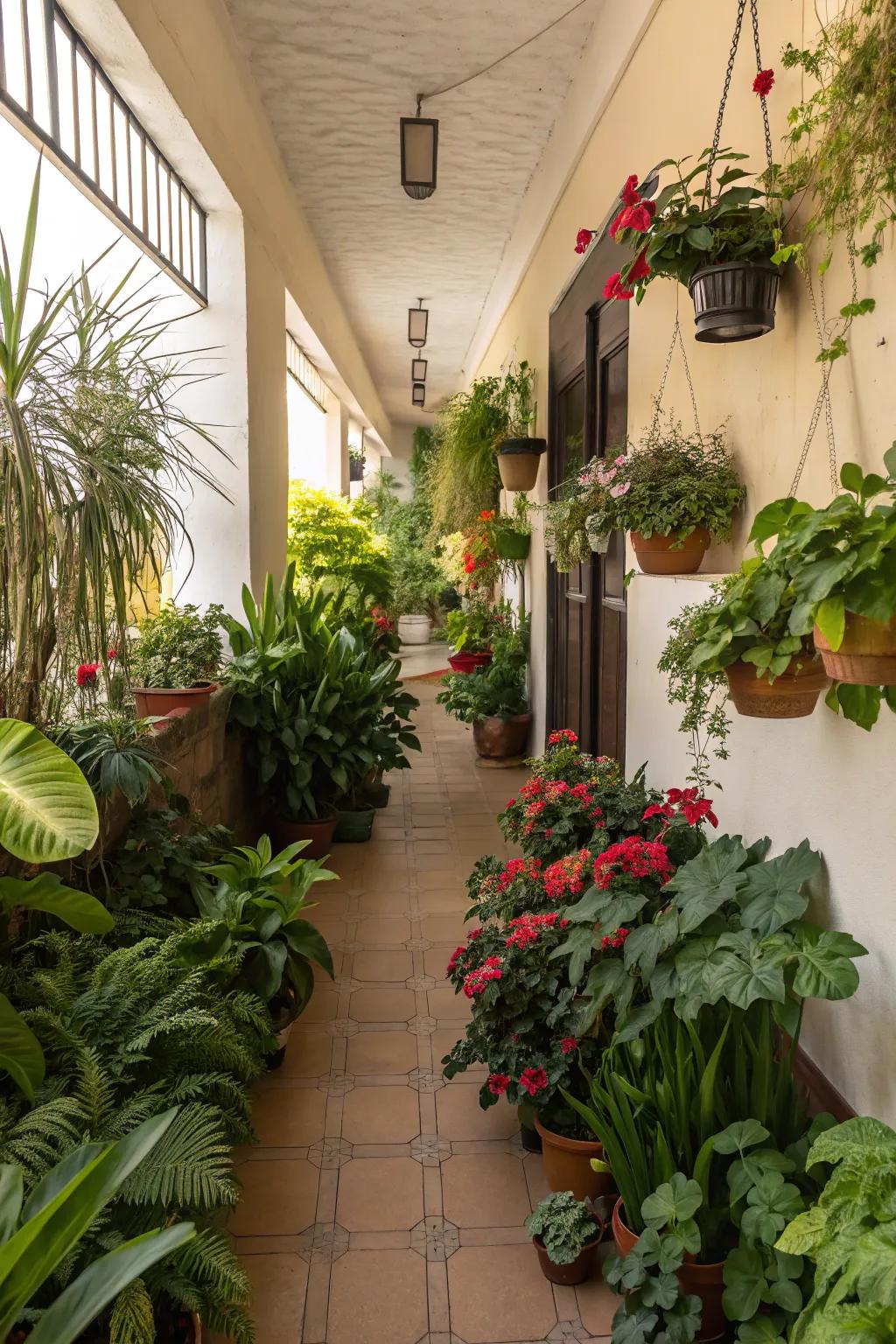 A vibrant mix of plant varieties adds life to any hallway.