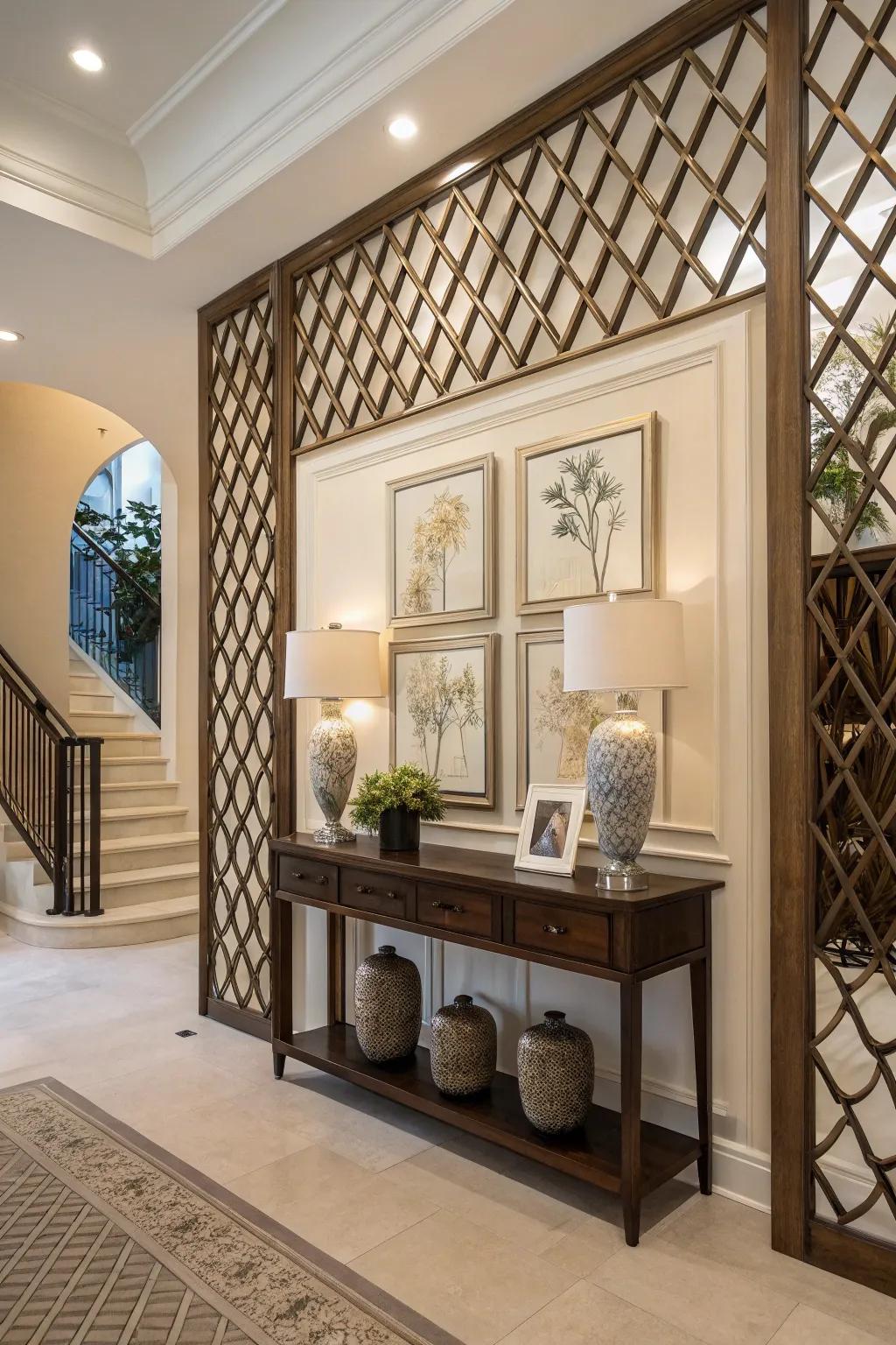 Lattice wall providing a chic and welcoming entryway statement.