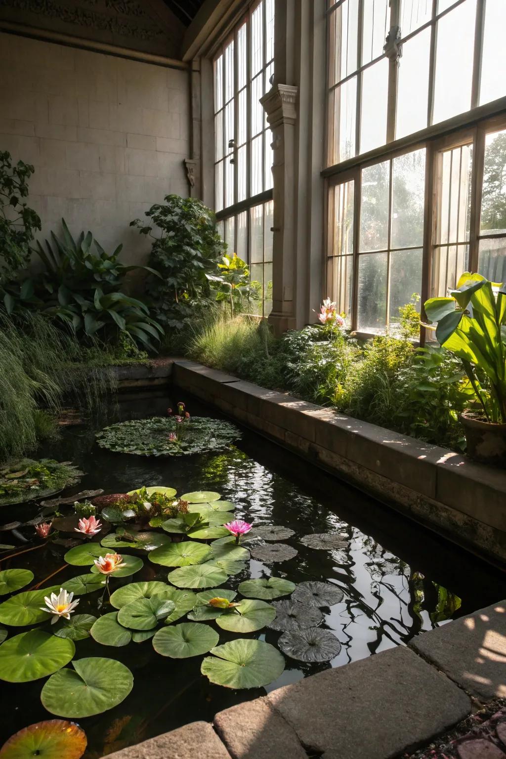 Aquatic plants create a lush and refreshing pond environment.