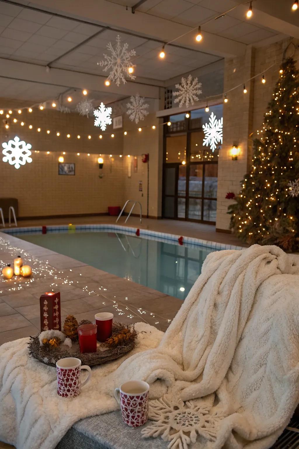 Turn your indoor pool into a cozy winter escape with elegant winter decor.