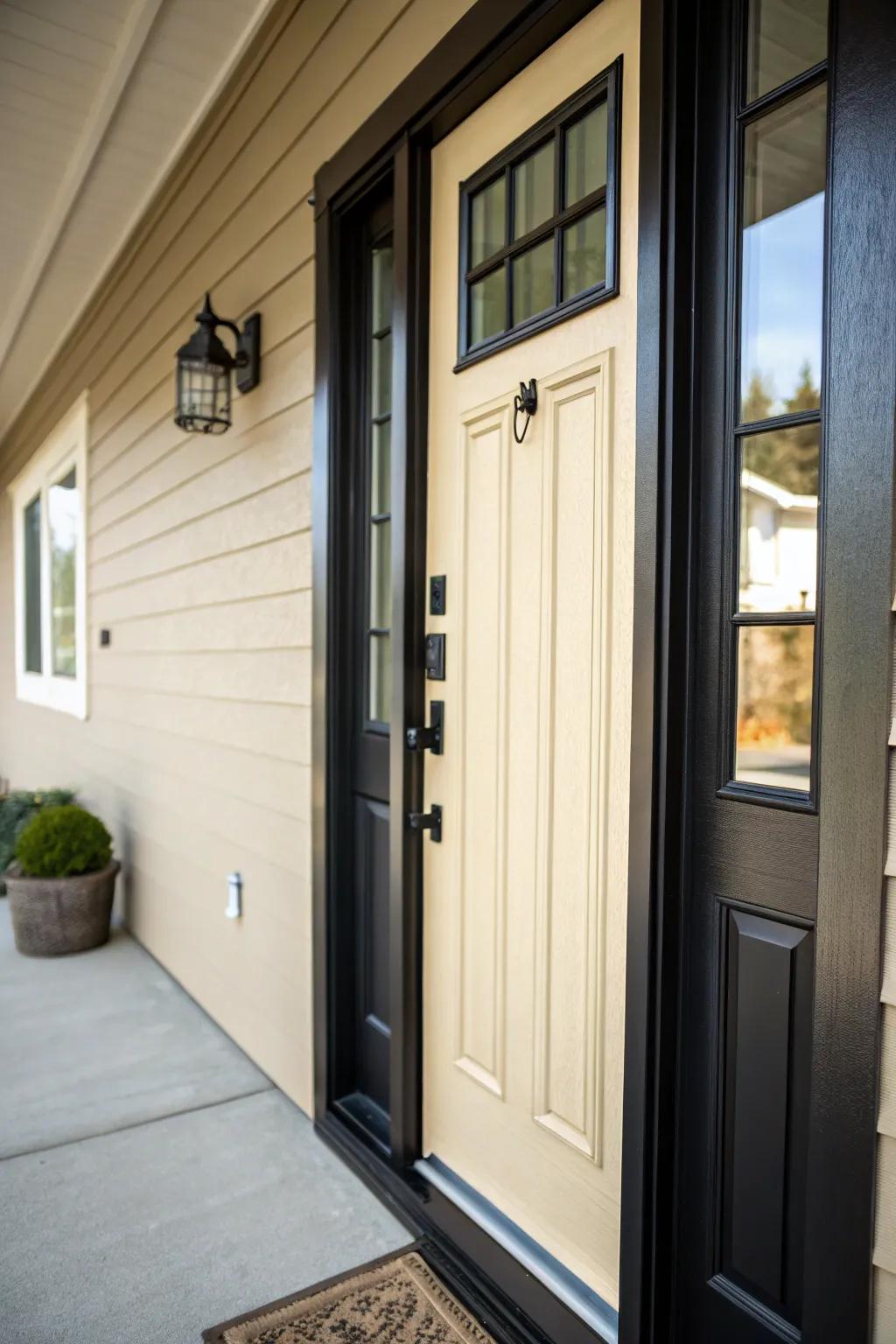 Dark trim creates a stunning contrast for this inset front door.