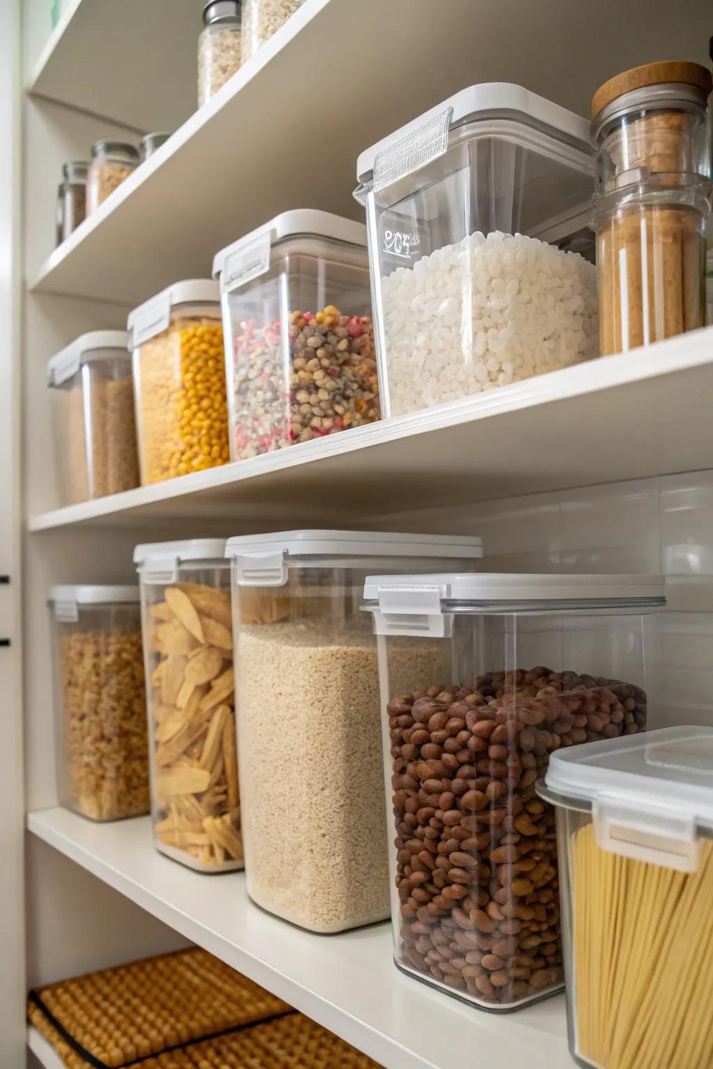 Transparent containers make it easy to manage pantry supplies.