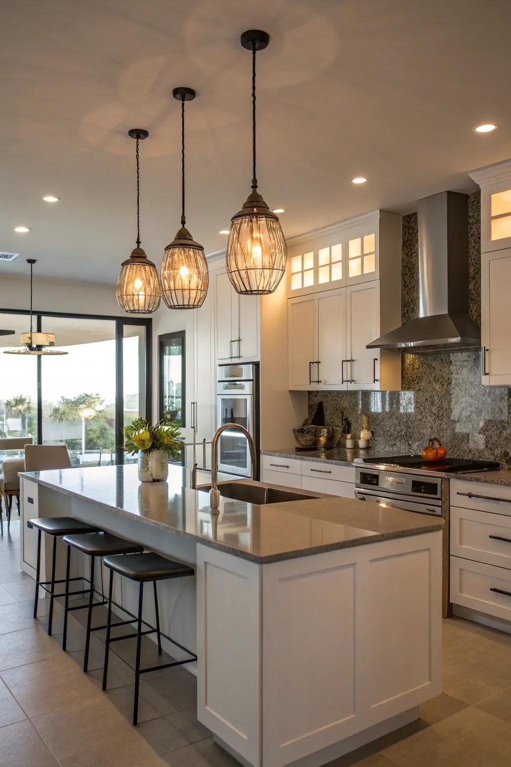 Pendant lights adding style and function to a kitchen island.