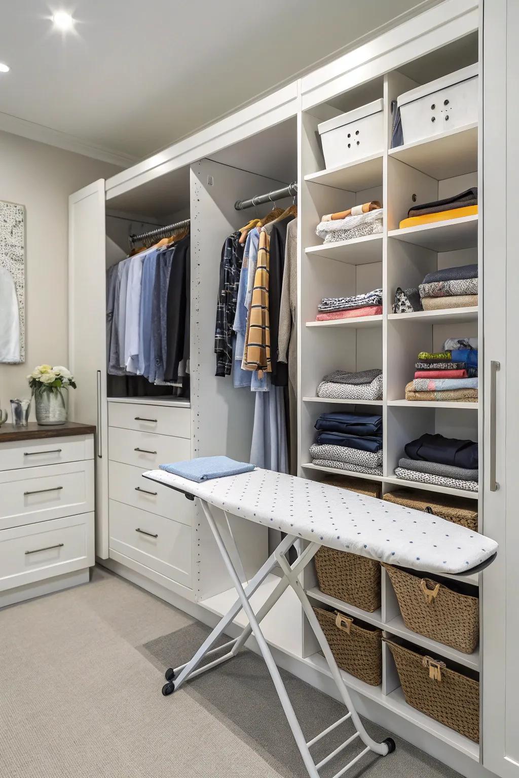 An ironing board cleverly hidden within a closet.