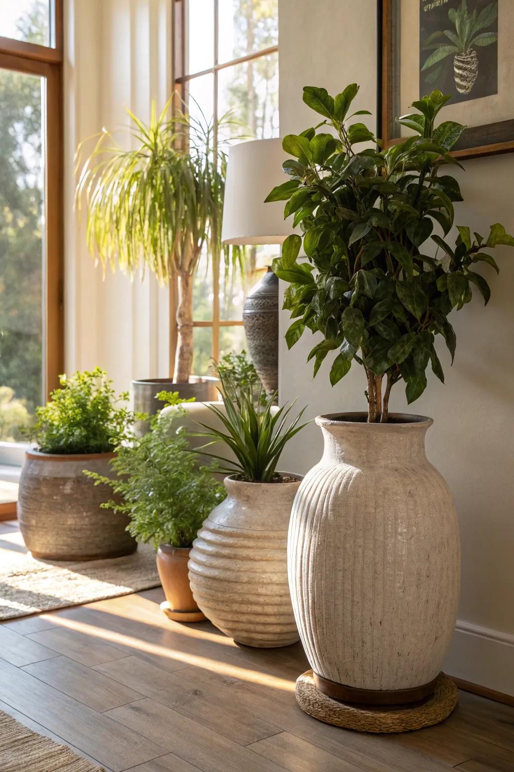 Ceramic vases and planters add a rustic touch to your decor.