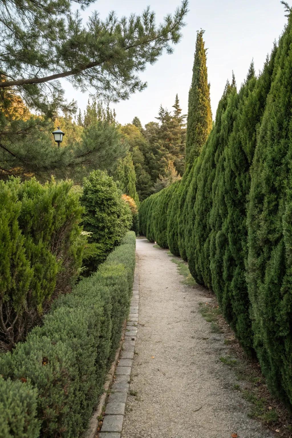 Inviting garden path lined with junipers