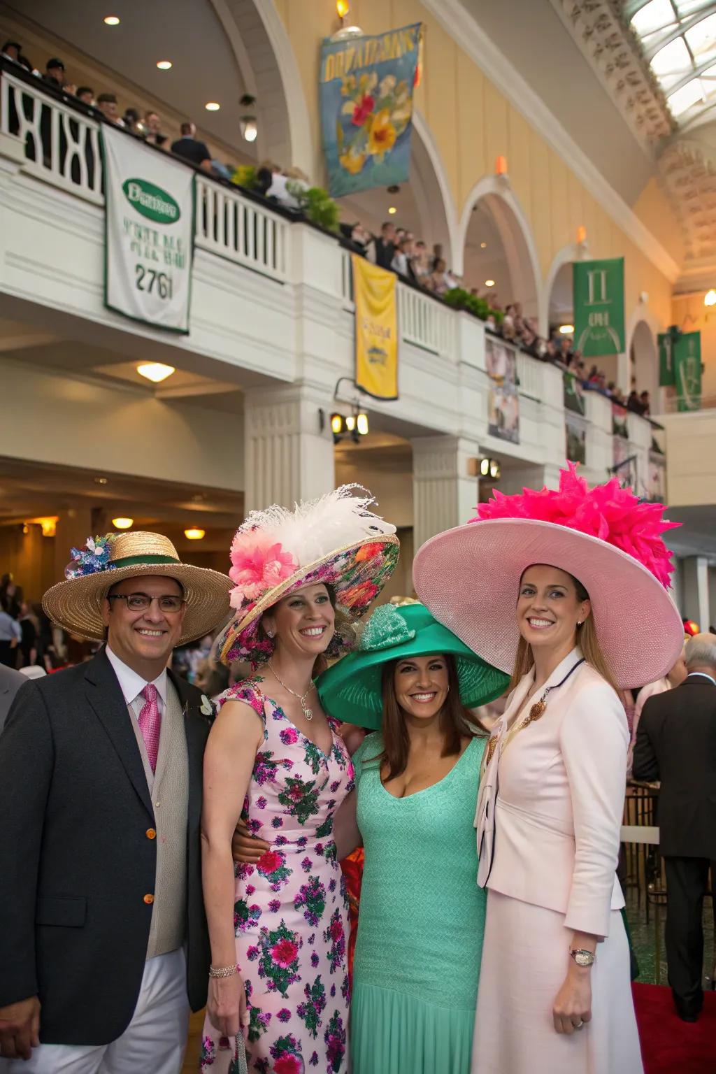 Guests showcasing their creative Derby hats at a themed party.