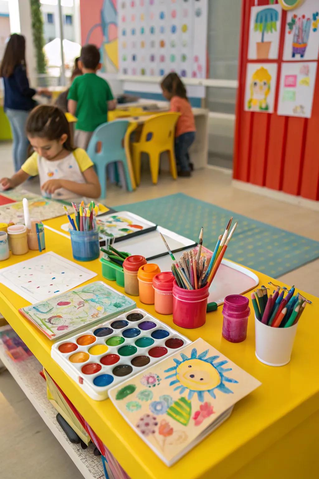 Art center table ready for artistic exploration.