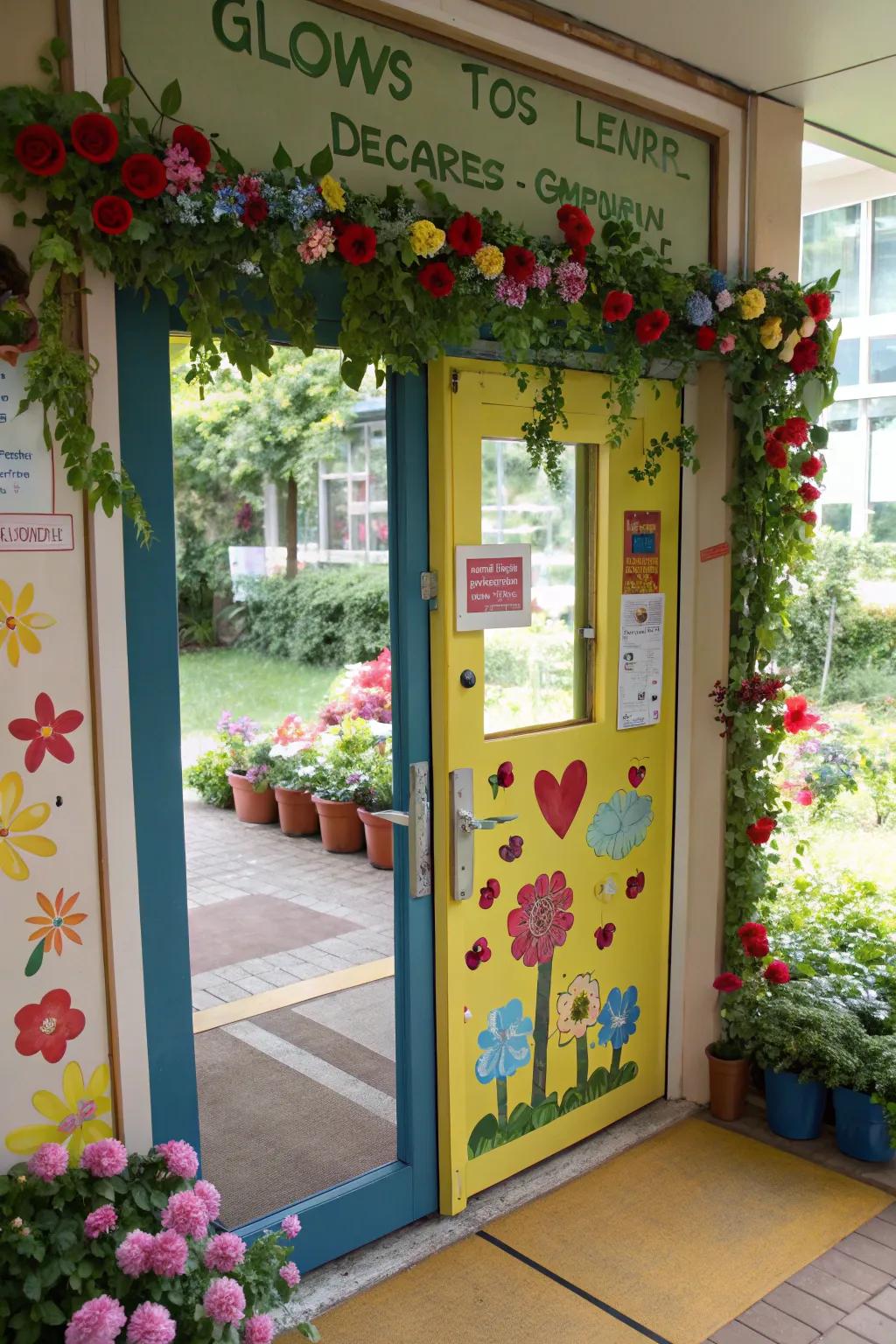 A kindergarten door with blooming flowers and growth-themed decorations.