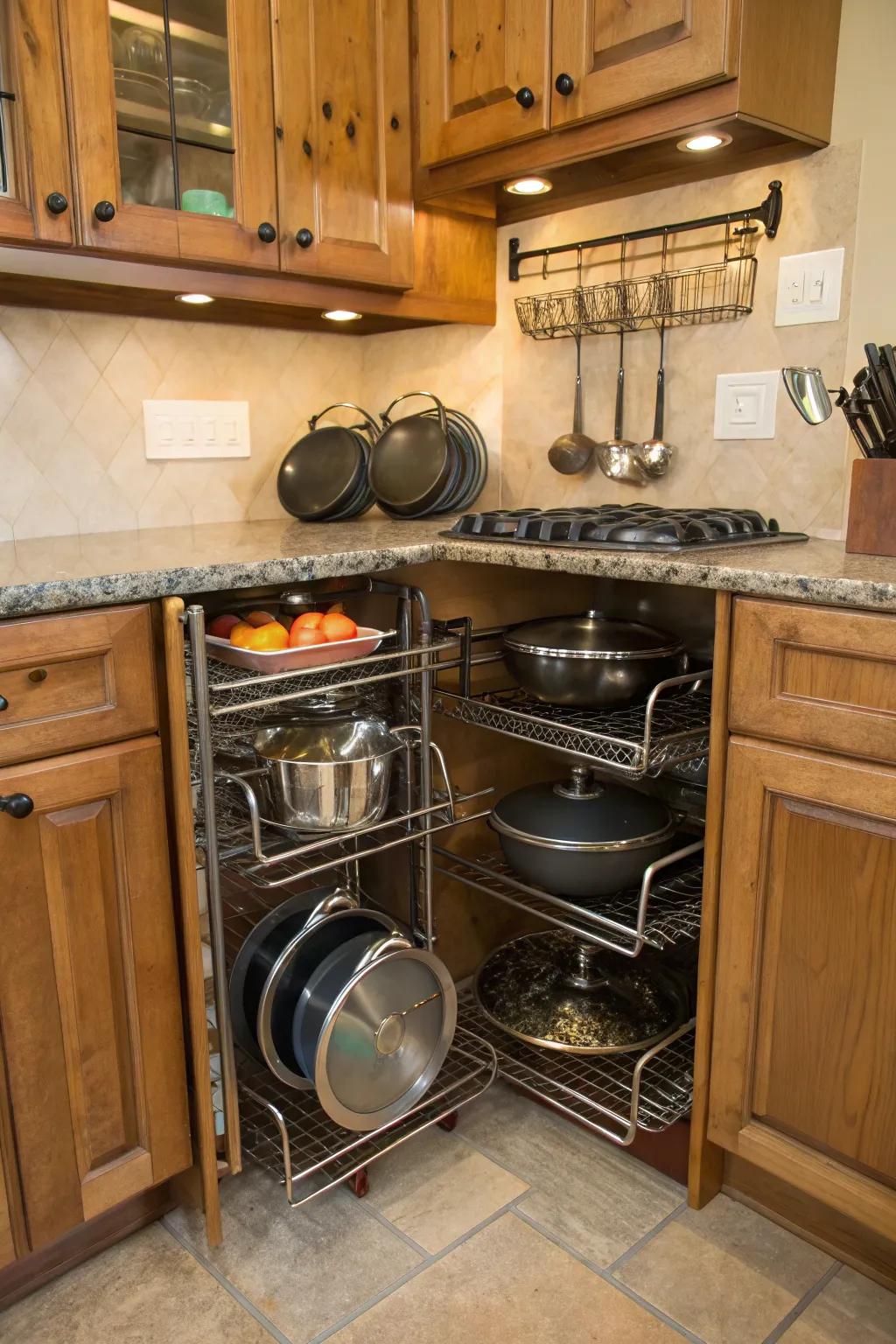 Utilize corner spaces with innovative rack designs to maximize kitchen storage.