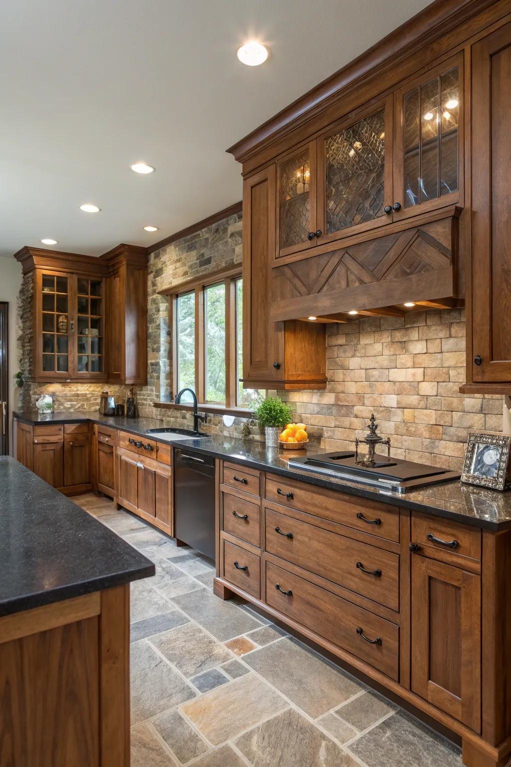 A kitchen showcasing a harmonious mix of wood and stone materials.