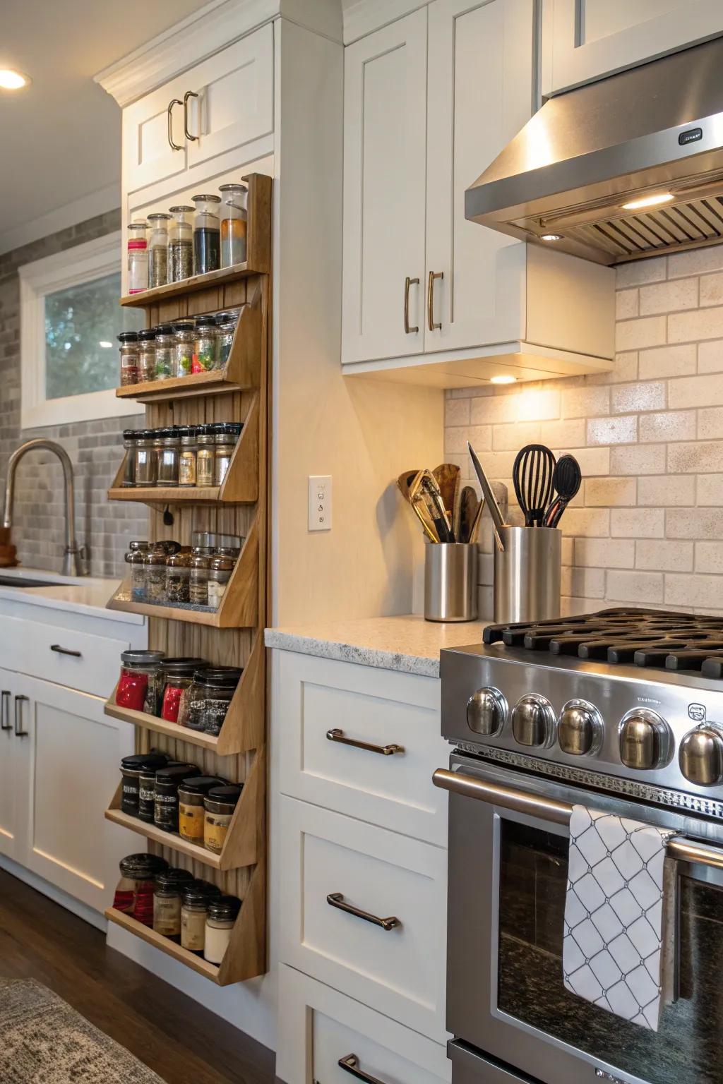 A functional and stylish kitchen with visually appealing spice racks and utensil holders.