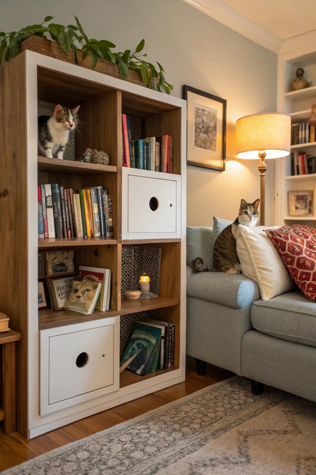 Smart furniture solutions that cater to both your books and your kittens' curiosity.