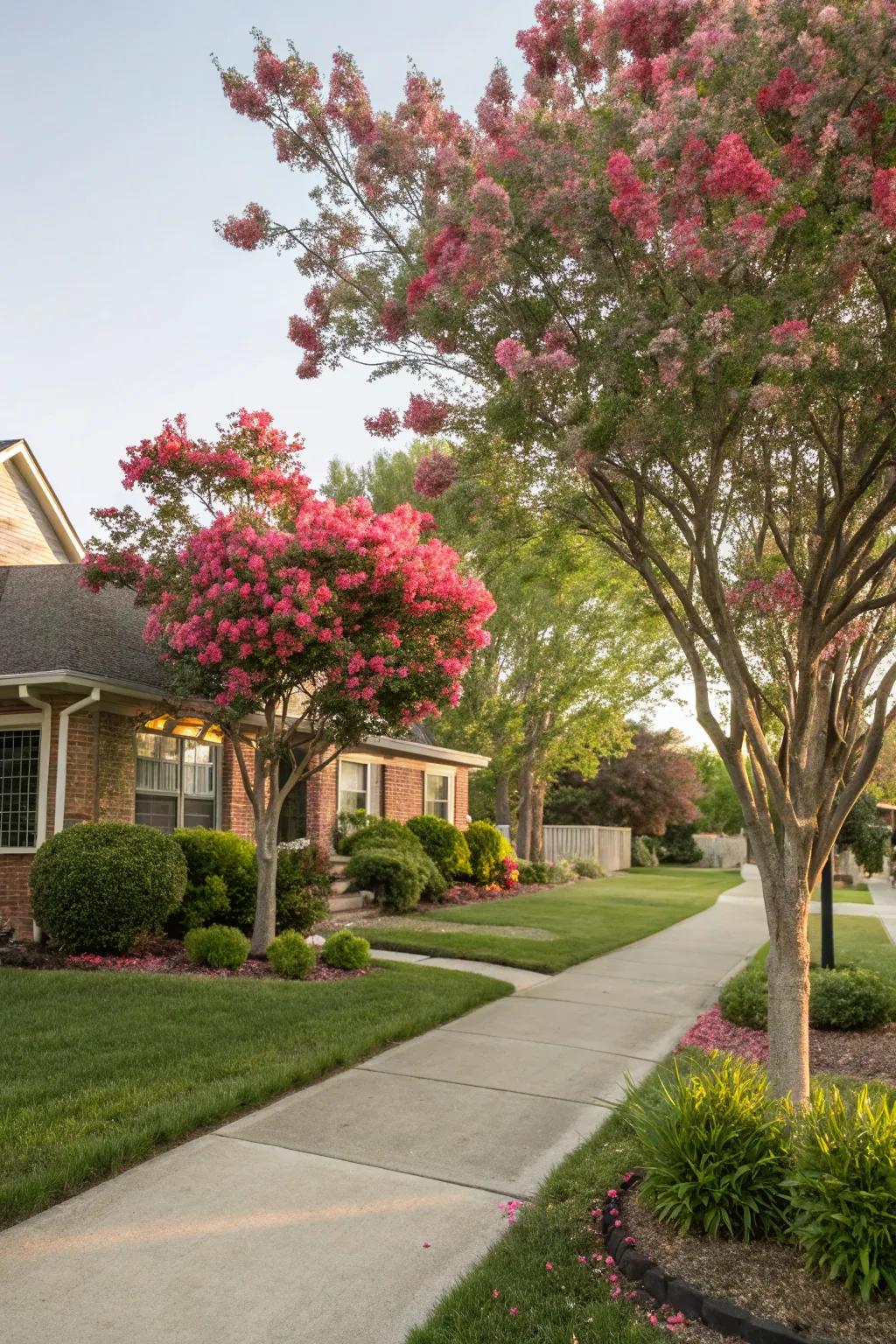 Small flowering trees add height and focal points to the front yard landscape.