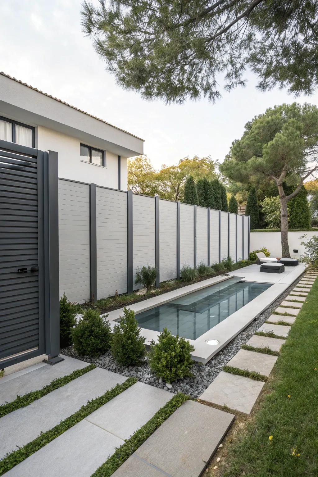 Modern panels provide a chic and contemporary way to conceal pool equipment.