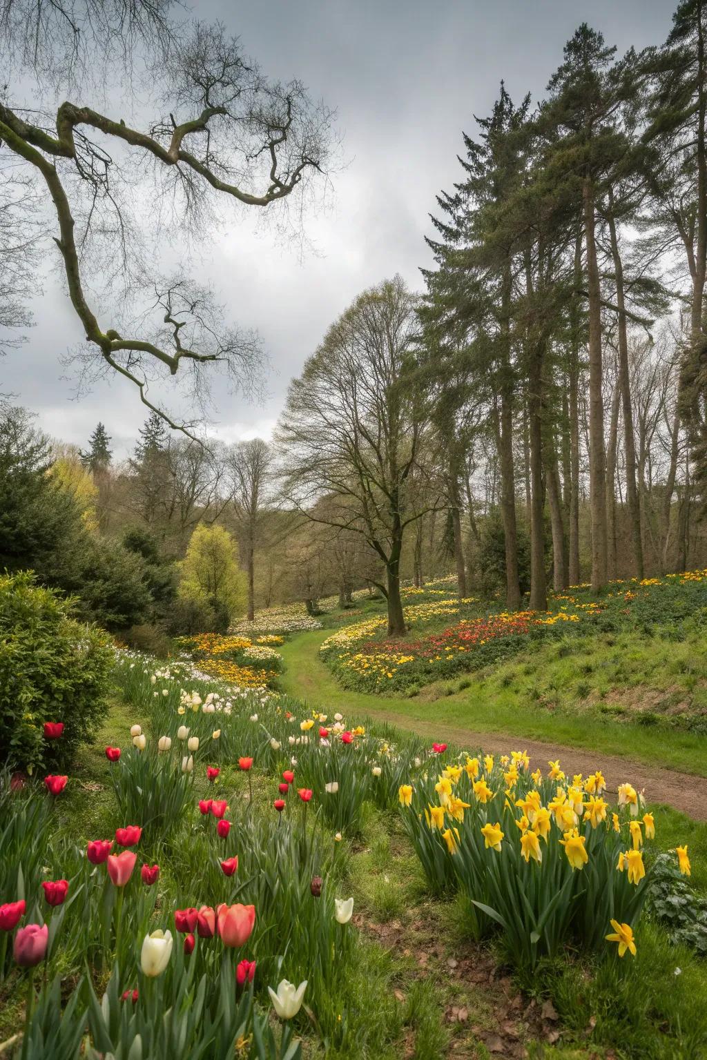 A naturalistic garden setting with tulips and daffodils blending into the landscape.