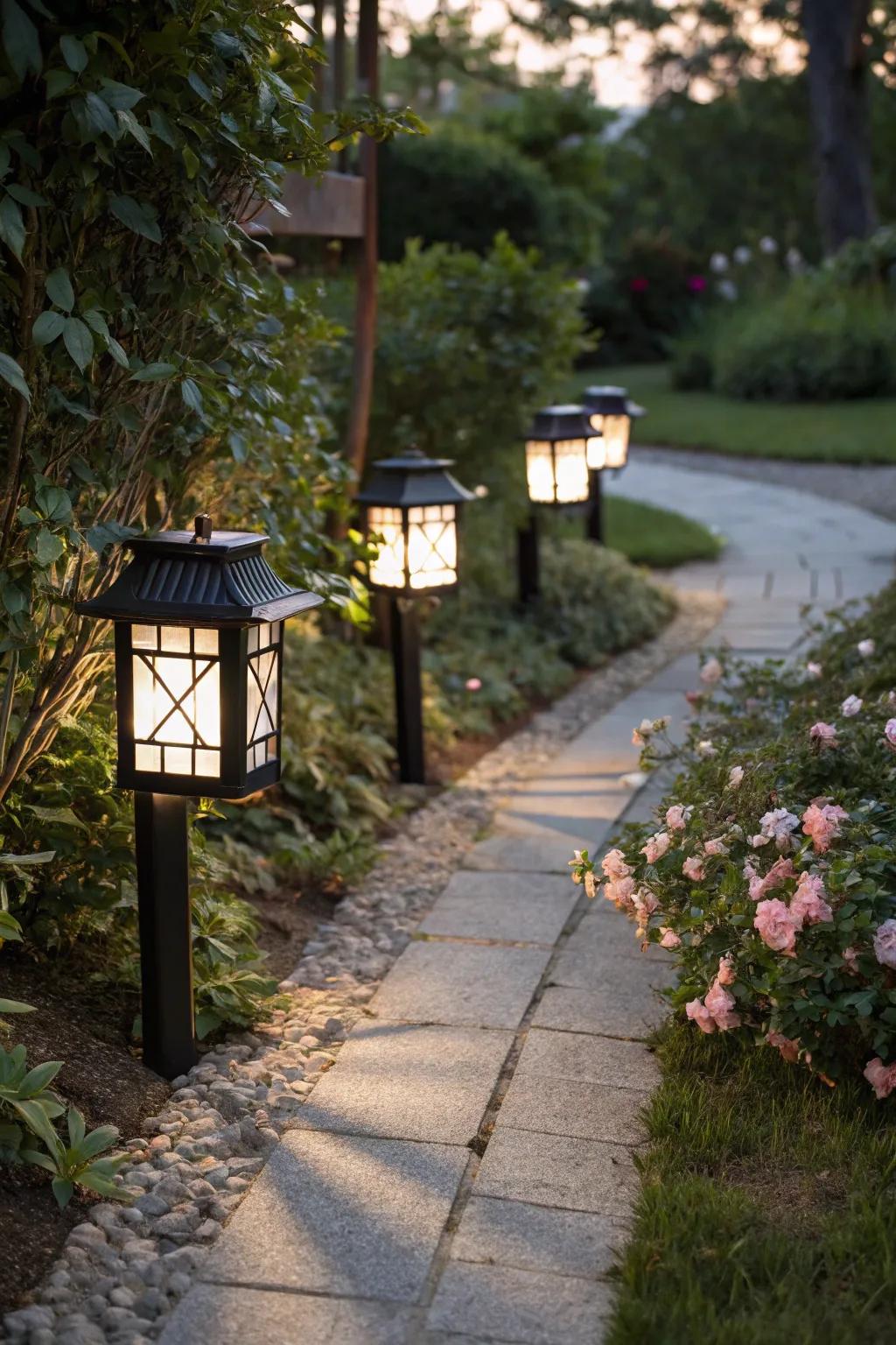 Garden lanterns create an enchanting outdoor retreat.