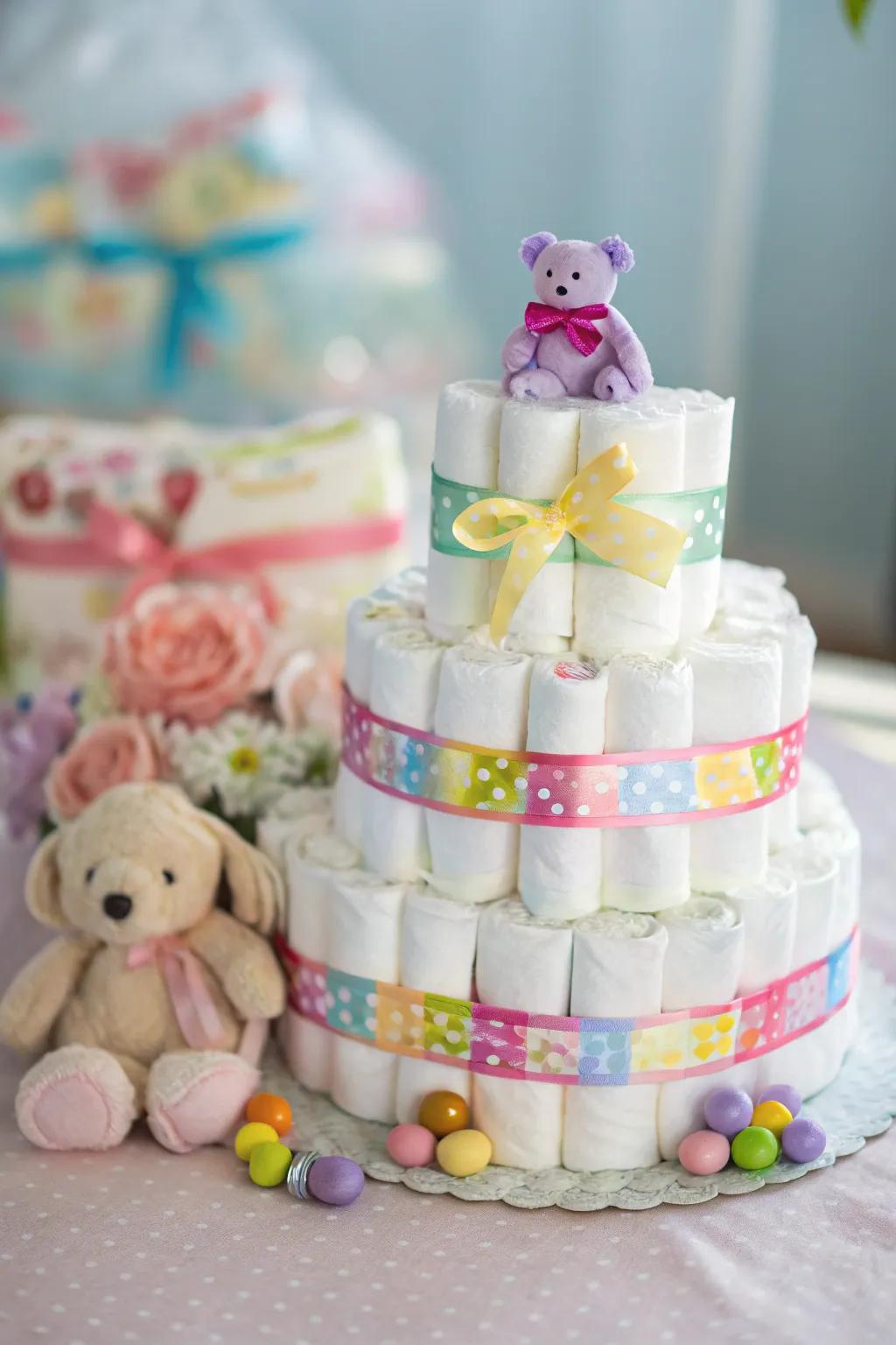 A decorative and practical diaper cake serves as a stunning centerpiece.