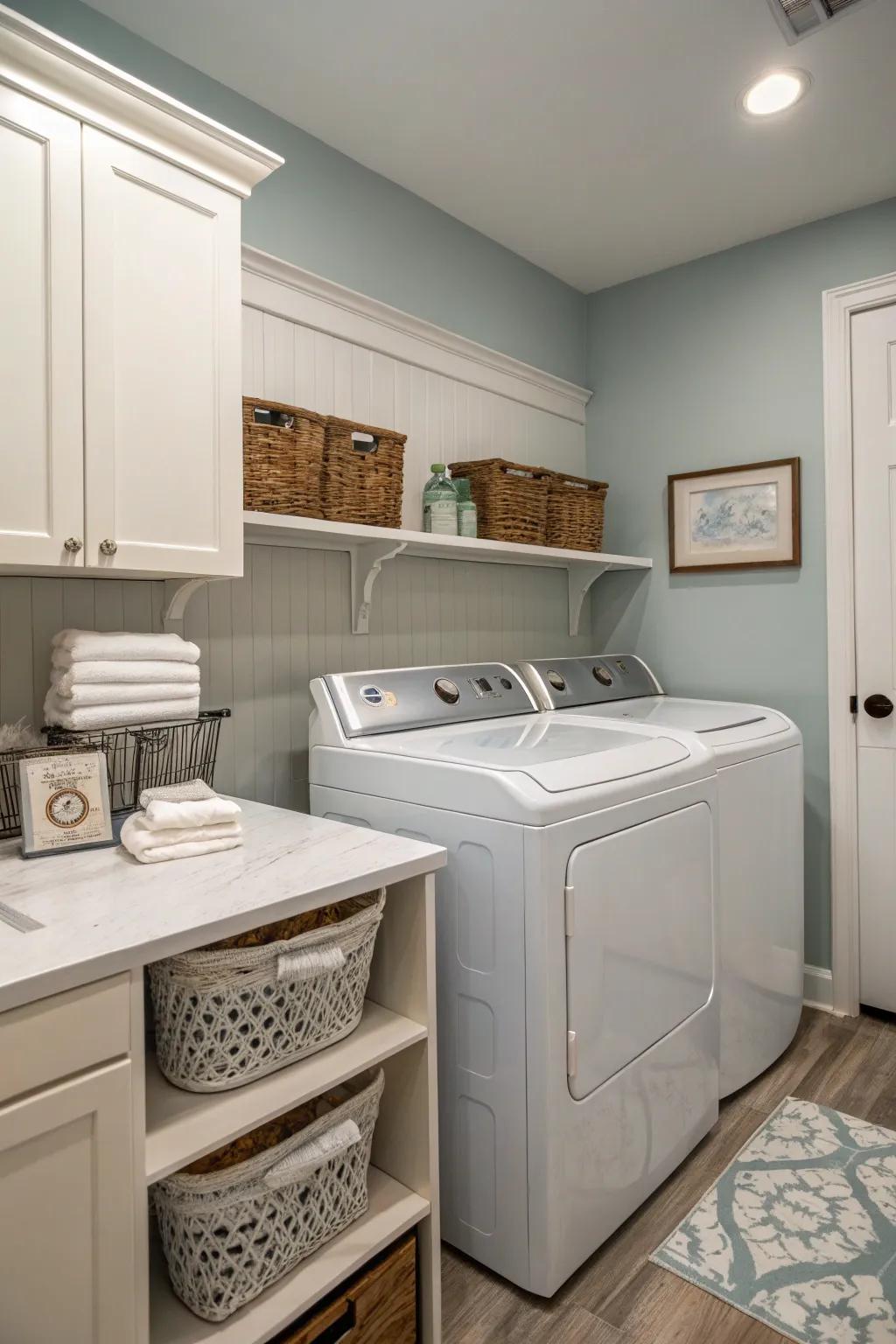 Neutral tones bring serenity and elegance to the laundry room.