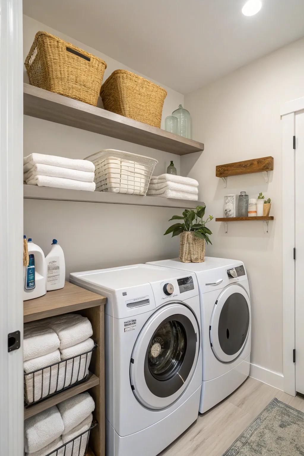 Minimalist shelving for a clean and open laundry room.