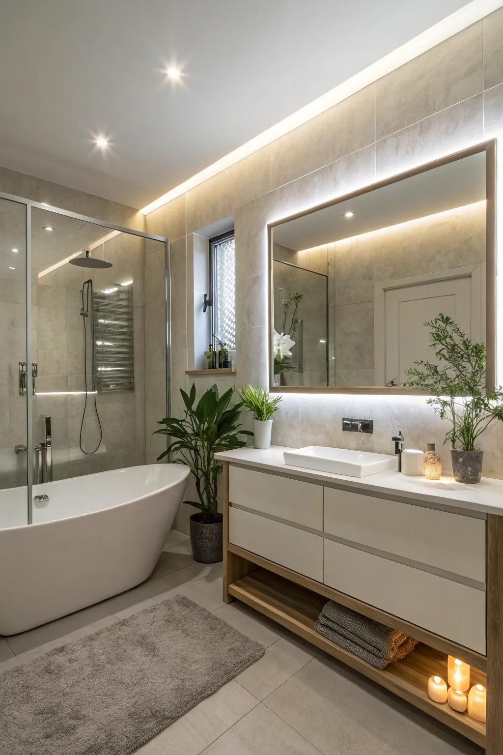An LED mirror casting an ambient glow that enhances relaxation.