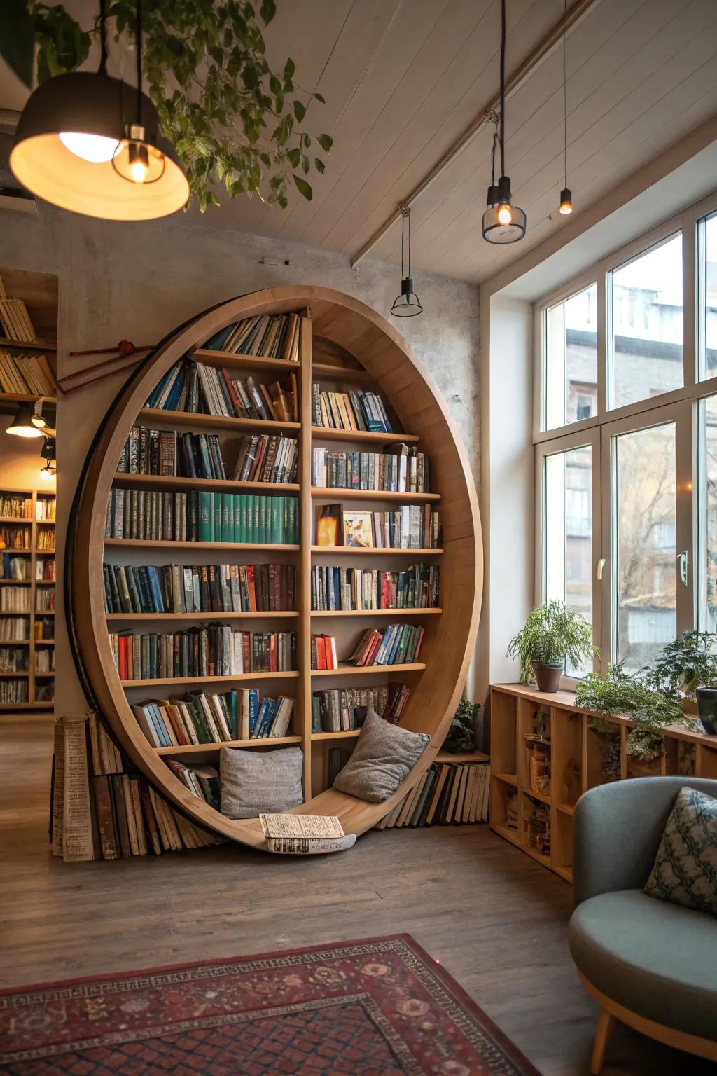 A unique circular bookcase that adds a creative twist to library design.