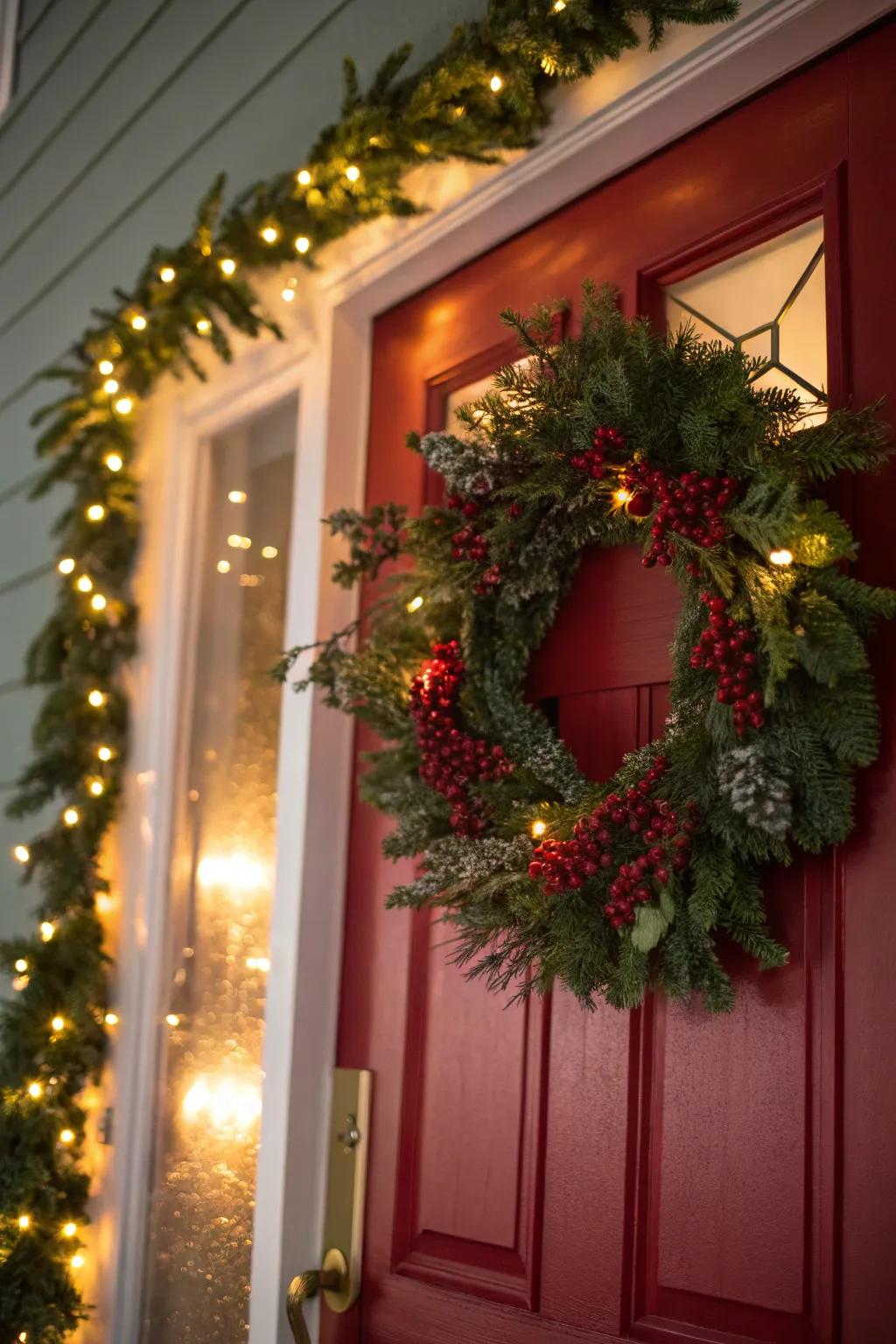 A festive wreath brightened by twinkling lights.