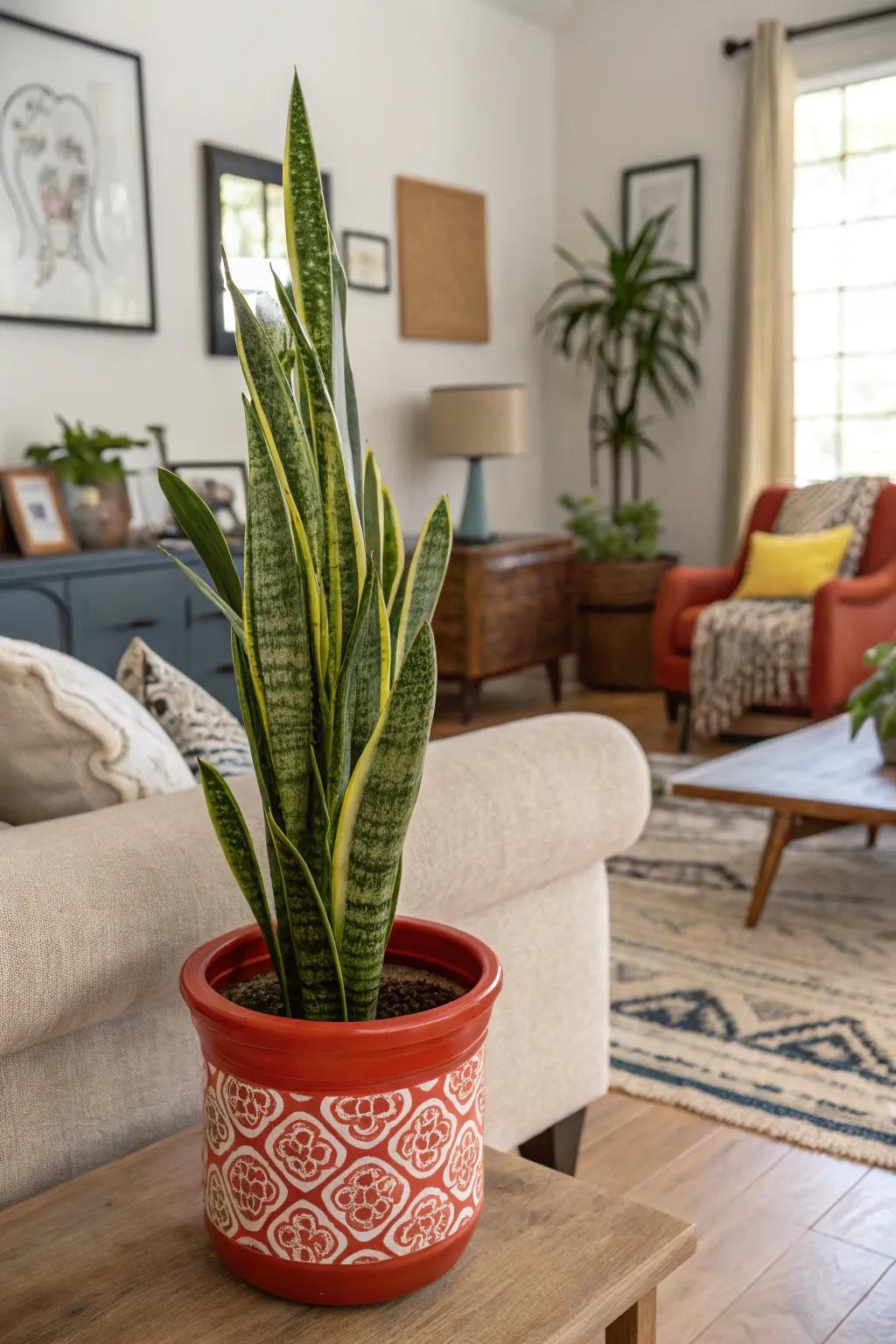 A bold ceramic pot adds artistry to the living room.