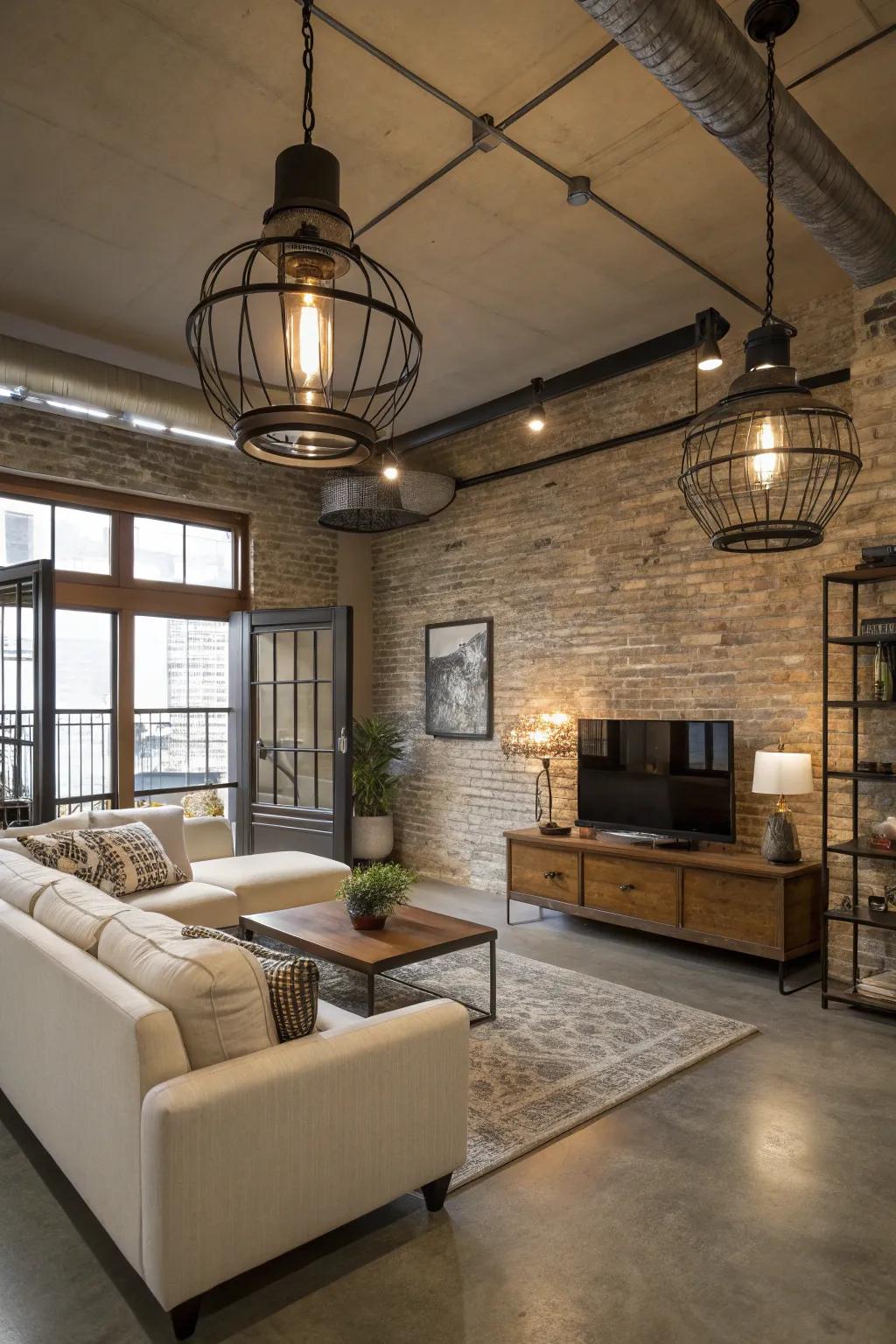 Lighting fixtures that harmonize with the room's industrial decor.