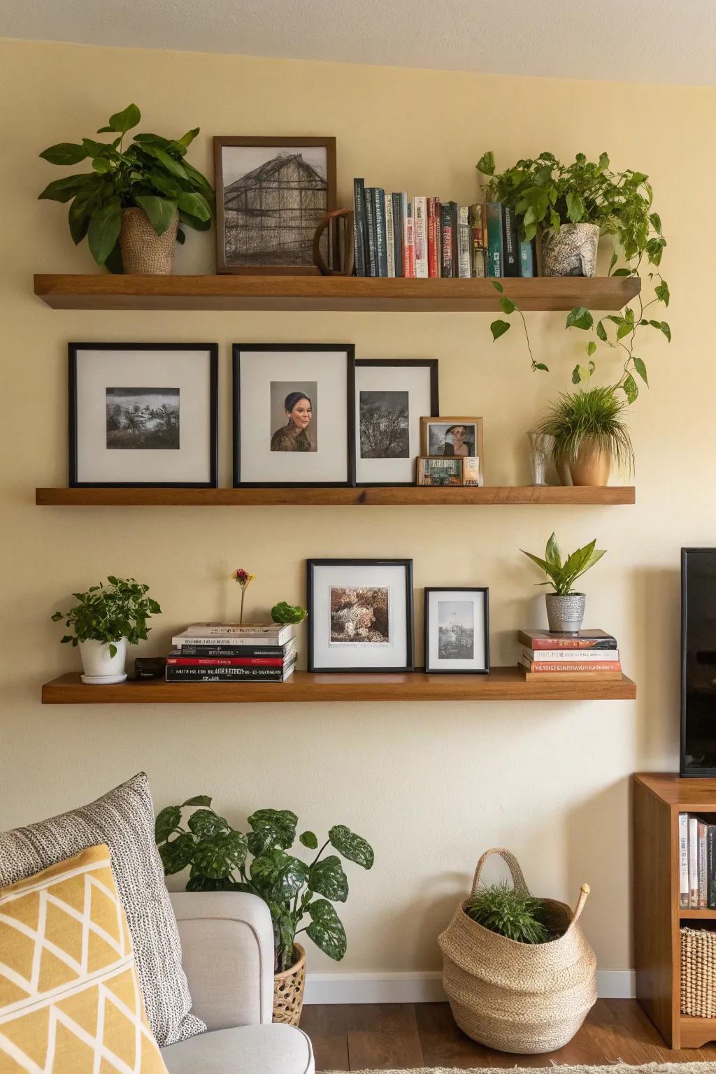 Accent your photo wall with shelves and plants for a lively feel.