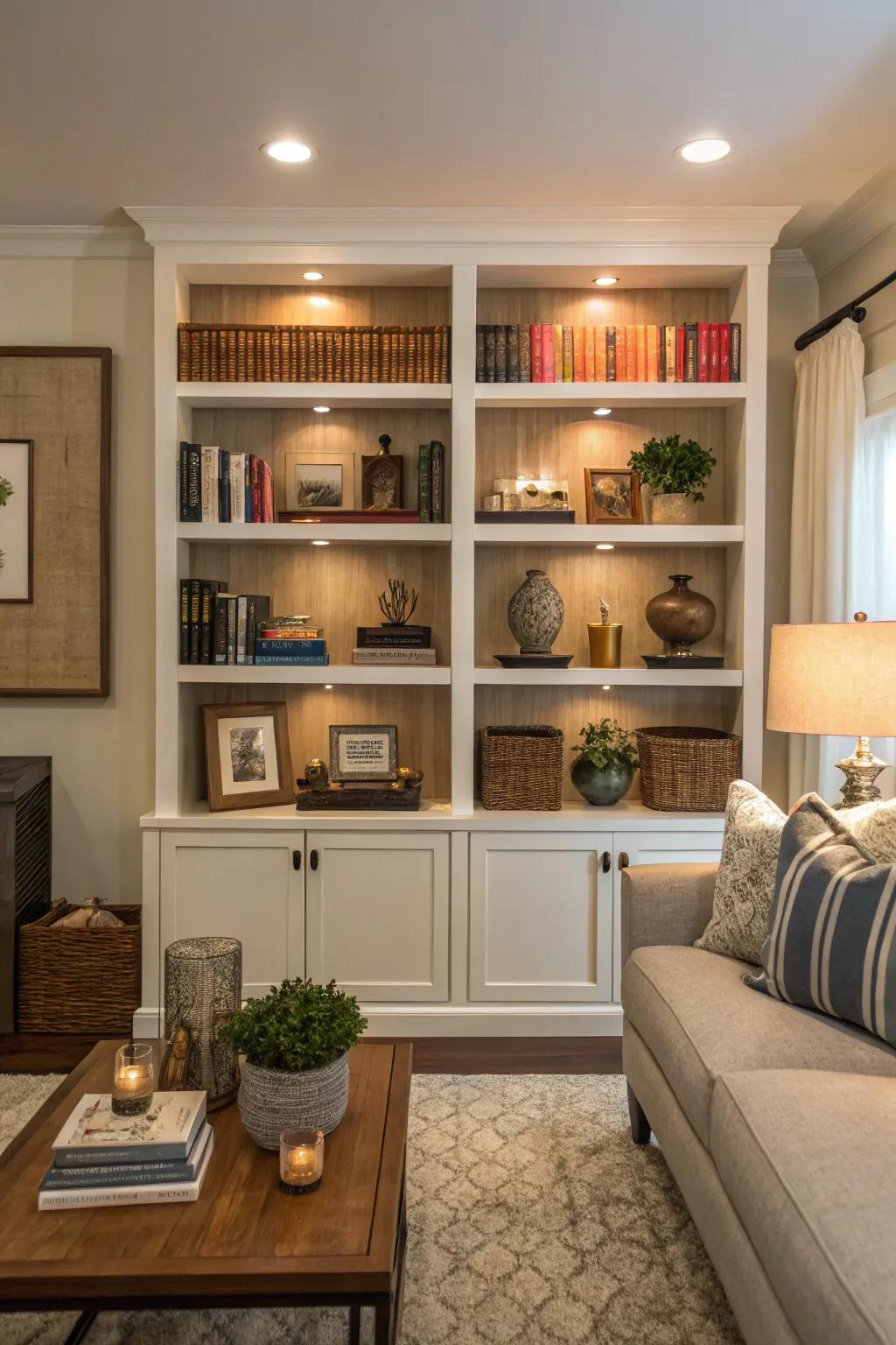 Symmetrical shelves adding formal elegance.