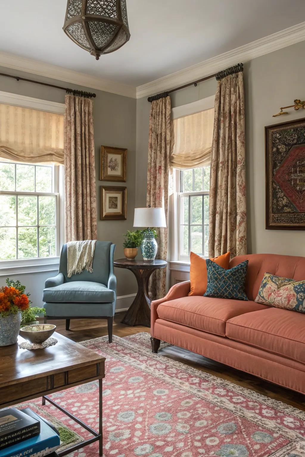 An eclectic mix of window treatments adding personality to the living room.