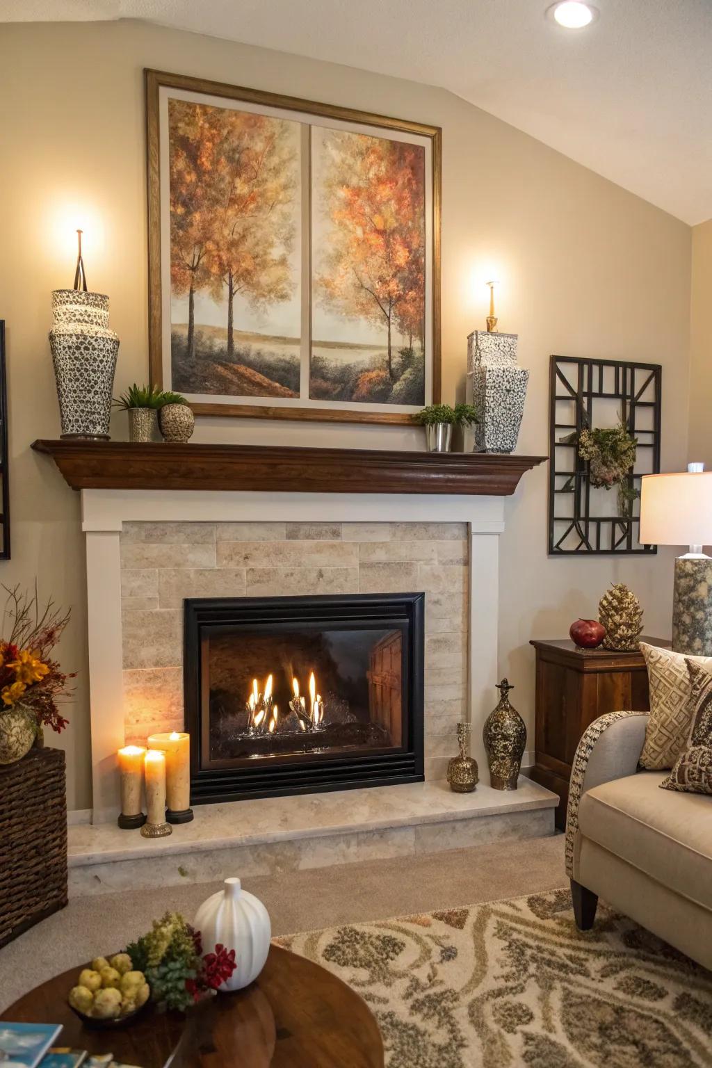 A living room fireplace adorned with artwork and decorative accents.