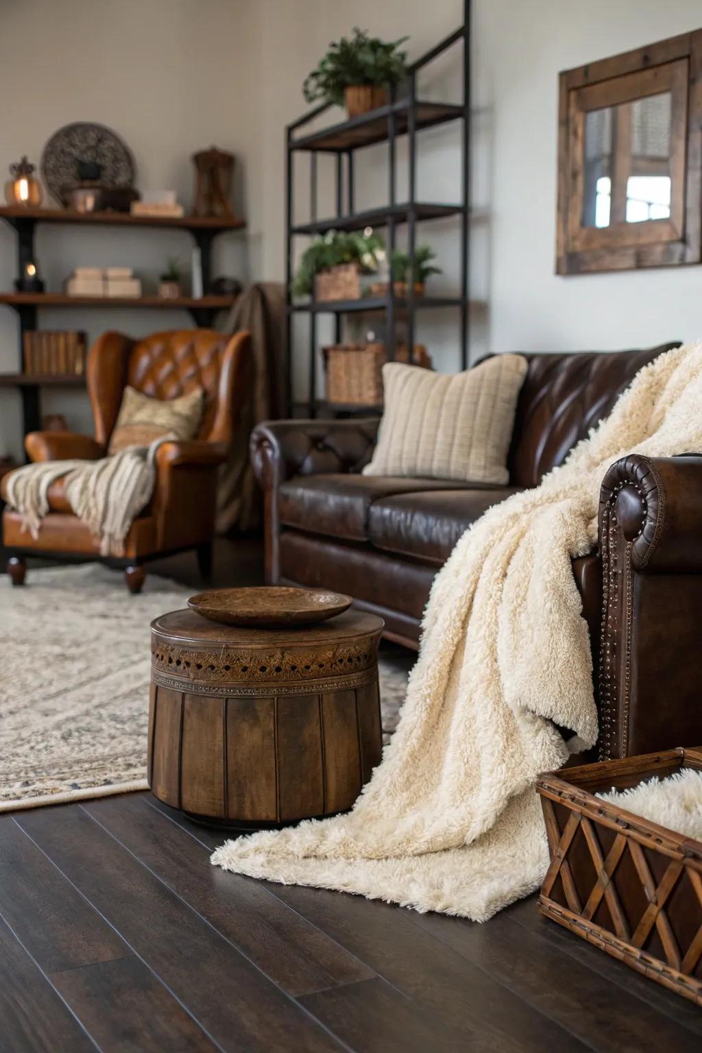 Textures and layers create depth in rooms with dark wood floors.