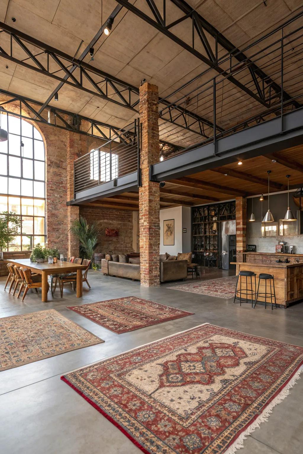 Rugs effectively define spaces in an open loft.